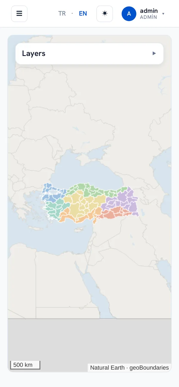MapSystem map screen on a phone, provinces of Türkiye coloured by region.